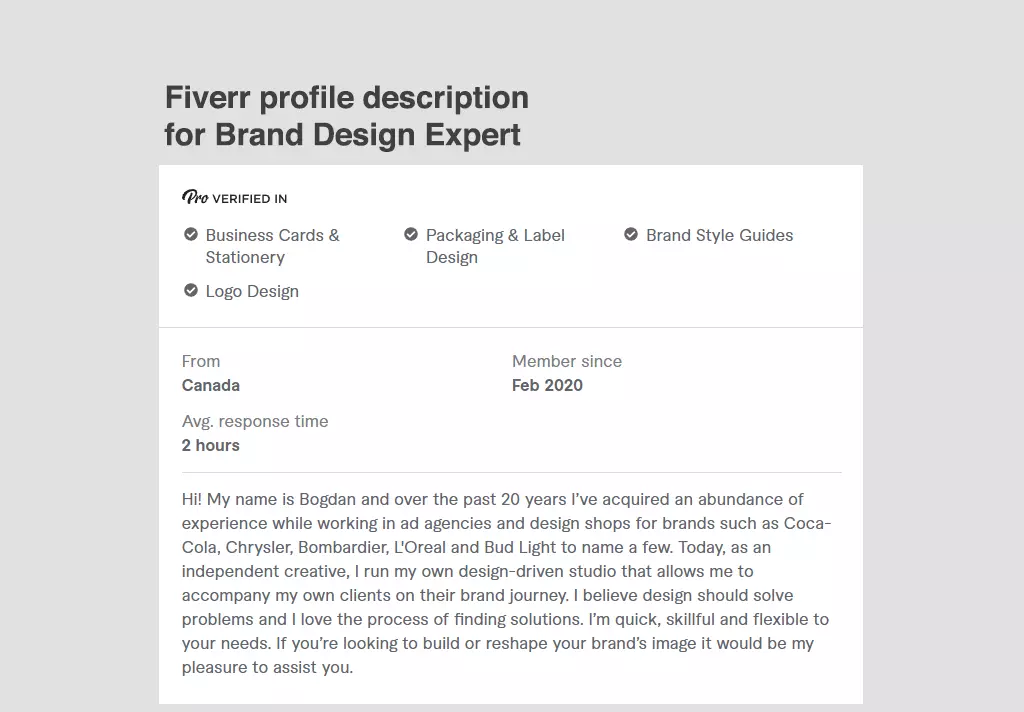 Fiverr profile description for Brand Design Expert
