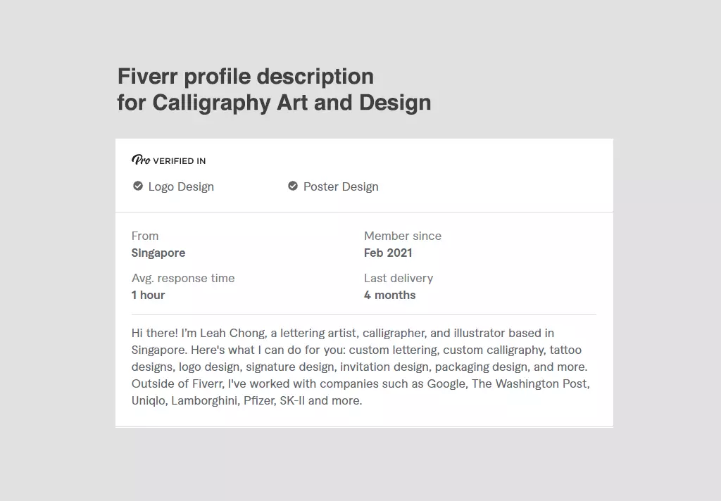 Fiverr profile description for Calligraphy art and design