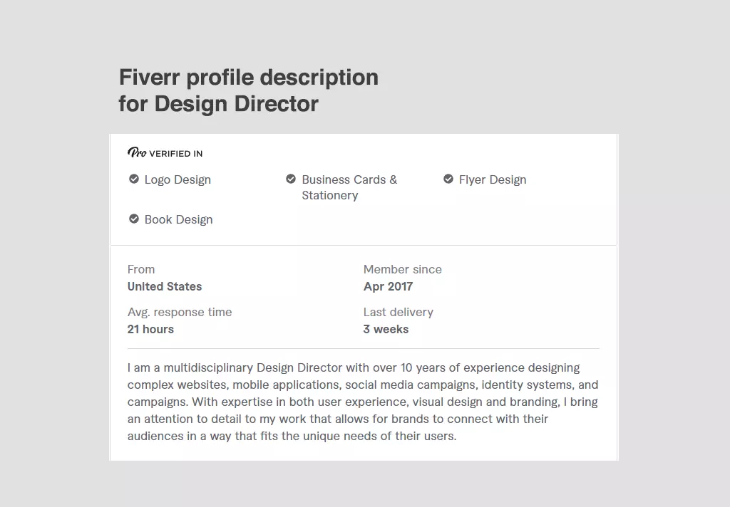 Fiverr profile description for Design Director