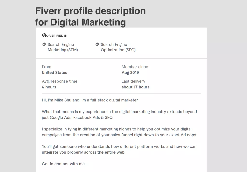 Fiverr profile description for Digital Marketing