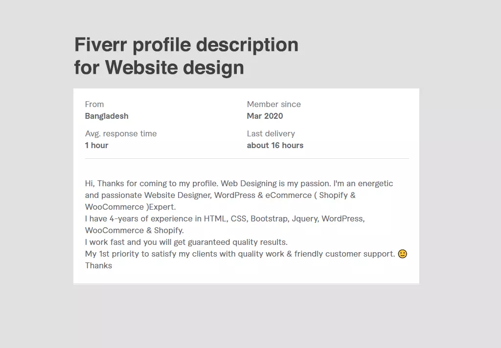 Fiverr profile description for Website design